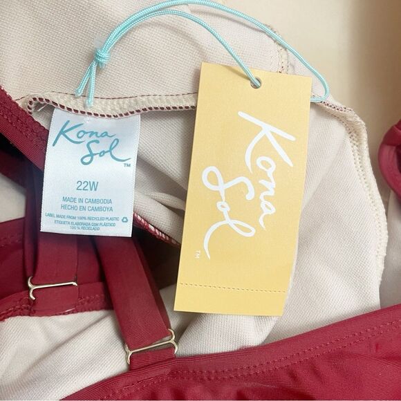 NWT Kona Sol One Piece Swimsuit Size 22W Brick Red Ruffle Strap Ruched Plus Size - Picture 12 of 16